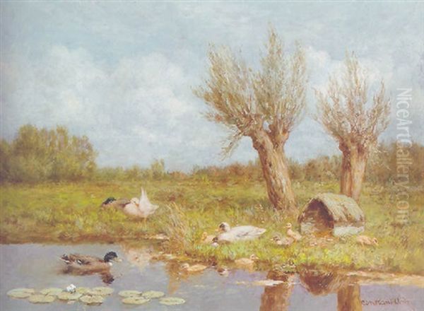 Ducks And Ducklings On A Riverbank In Summer Oil Painting by David Adolph Constant Artz