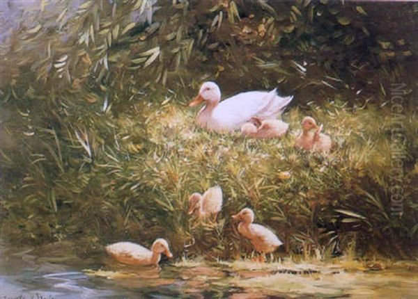 Duck And Ducklings On A River Bank Oil Painting by David Adolph Constant Artz