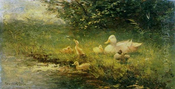 A Duck With Her Ducklings Oil Painting by David Adolph Constant Artz