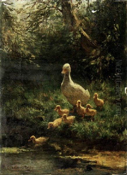 A Duck With Her Ducklings Crossing The Stream Oil Painting by David Adolph Constant Artz