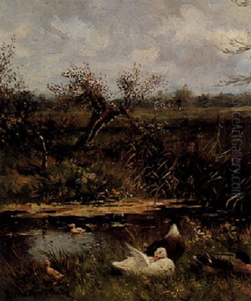 Ducks By A Pond Oil Painting by David Adolph Constant Artz