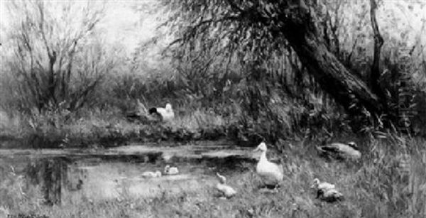 Ducks On A Riverbank Oil Painting by David Adolph Constant Artz