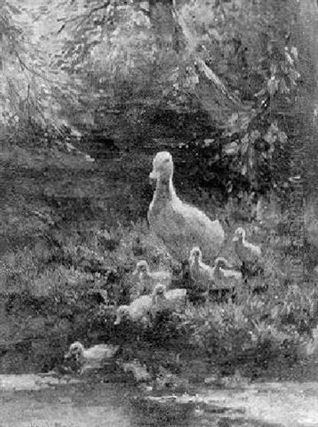 Ducks And Ducklings On A Riverbank Oil Painting by David Adolph Constant Artz