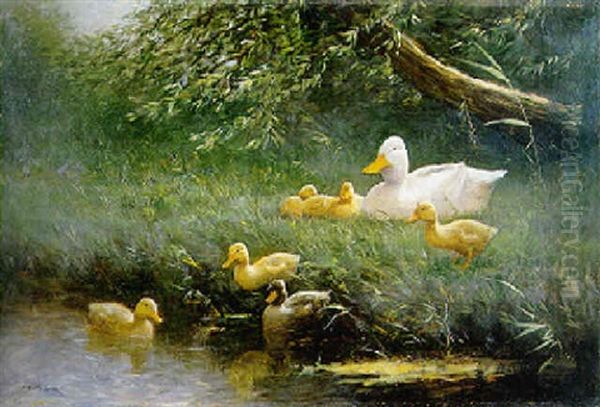 A Duck With Her Duckling On A Riverbank Oil Painting by David Adolph Constant Artz