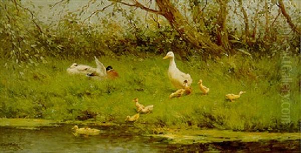 Ducks And Ducklings On A Riverbank Oil Painting by David Adolph Constant Artz