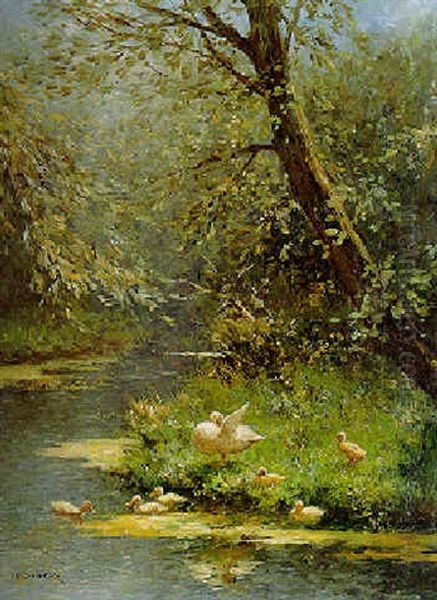 A Duck And Ducklings On A Sunlit Riverbank by David Adolph Constant Artz