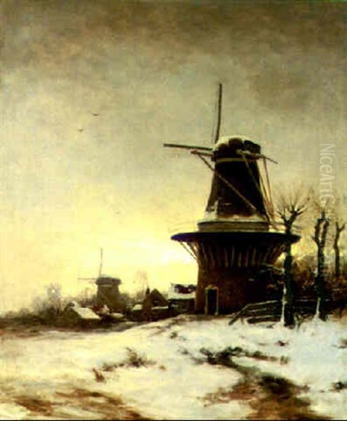 A Windmill In A Snowy Landscape Oil Painting by David Adolph Constant Artz