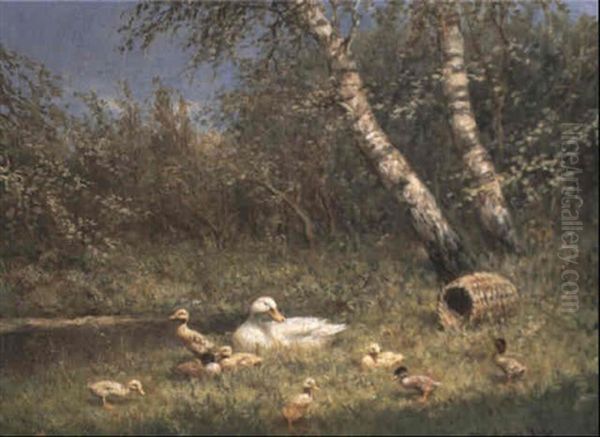 A Duck With Her Ducklings On A Riverbank Oil Painting by David Adolph Constant Artz