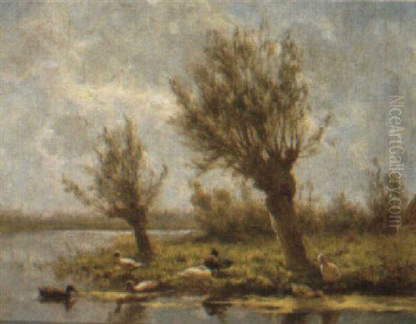 Ducks By A River Bank Oil Painting by David Adolph Constant Artz