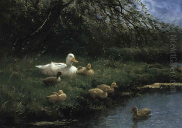 Family Of Ducks By A River Oil Painting by David Adolph Constant Artz