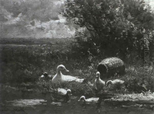 Ente Mit Kuken An Einem Teichufer Oil Painting by David Adolph Constant Artz