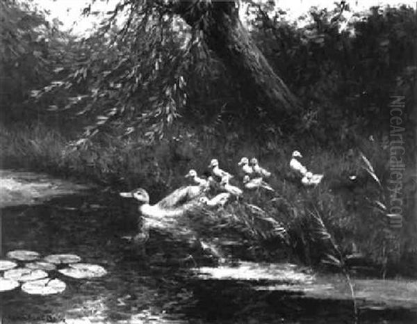 A Duck With Ducklings Having A Swim Oil Painting by David Adolph Constant Artz