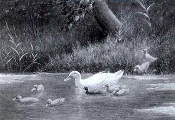 Entenfamilie An Einem Schilfbewachsenen Teich Oil Painting by David Adolph Constant Artz