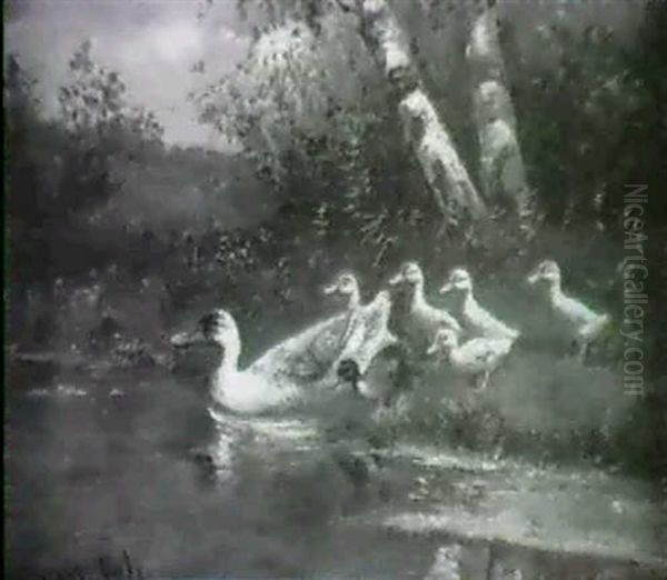 Ducks And Ducklings On A Riverbank. Oil Painting by David Adolph Constant Artz