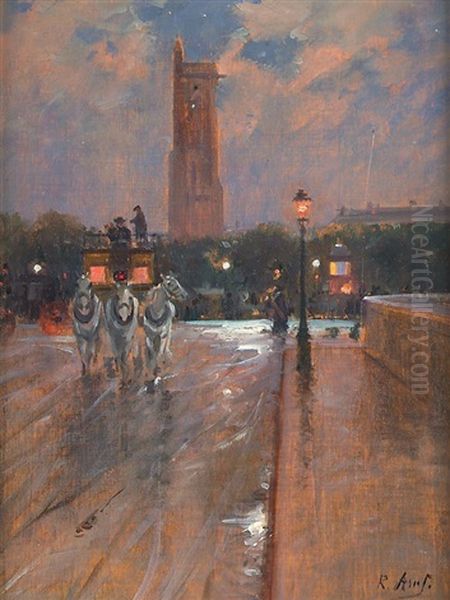 Fiacre La Nuit Devant La Tour Saint Jacques Oil Painting by Louis Raoul Arus