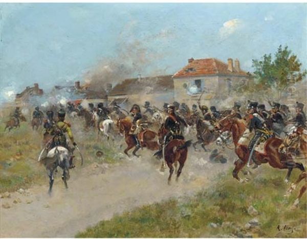 A French Cavalry Charge Oil Painting by Louis Raoul Arus