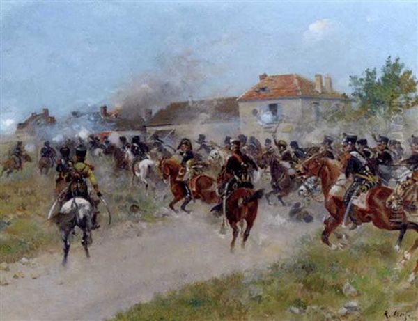 A French Cavalry Charge Oil Painting by Louis Raoul Arus