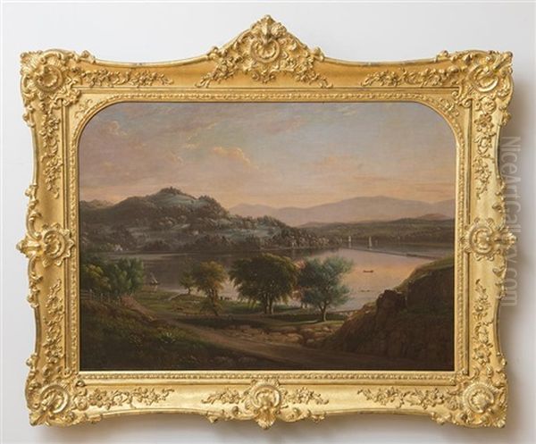 View Of Mount Merino And South Bay, Hudson, Ny, Autumn Twilight Oil Painting by Henry Ary