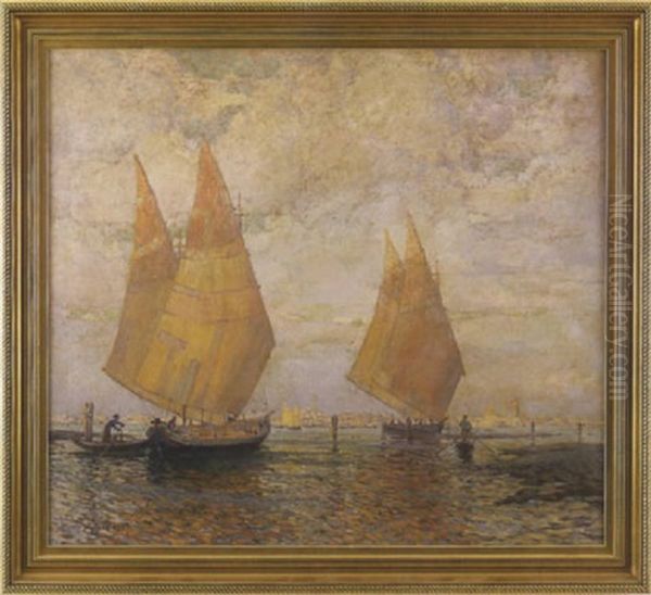 Harbour Scene With Two Sailboats In The Foreground And A Coastal City In The Background Oil Painting by Nicholas D' Ascenzo