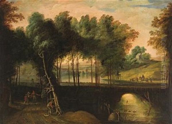 A Wooded Landscape With A Huntsman And Elegant Figures On A Path Oil Painting by Pieter Jansz van Asch