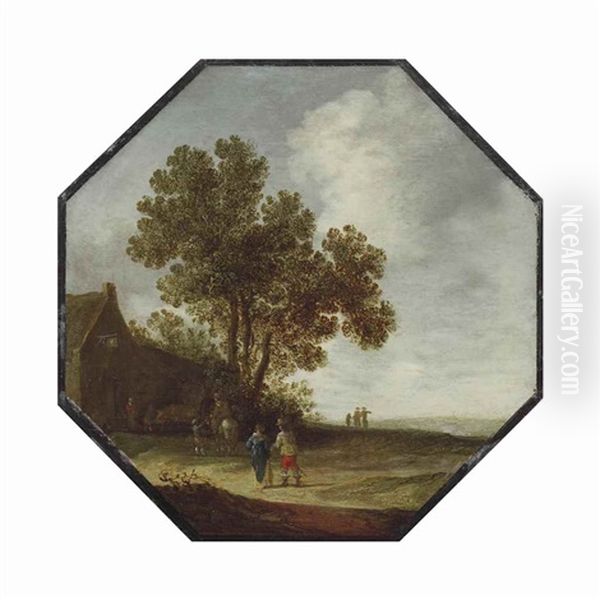 An Extensive Dune Landscape With An Elegant Couple And Travellers Halting By An Inn Oil Painting by Pieter Jansz van Asch