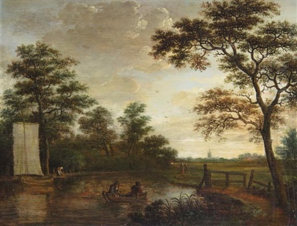 Wooded River Landscape With Figures In A Rowing Boat And Distant Steeple Oil Painting by Pieter Jansz van Asch