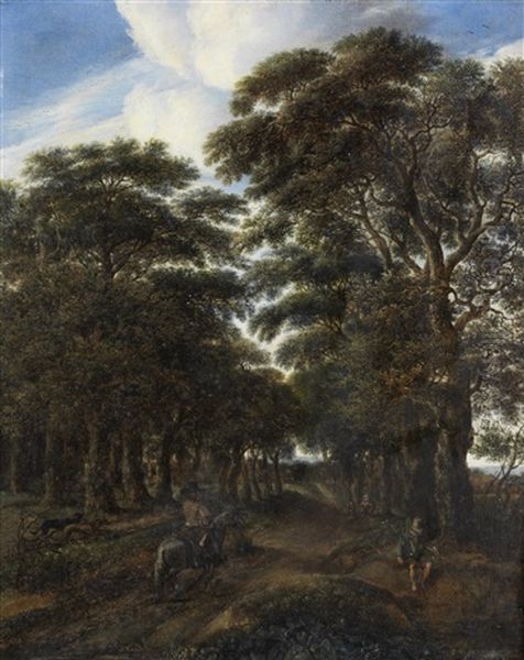 A Wooded Landscape With A Horseman On A Sandy Road And A Fisherman By A Pond In The Foreground Oil Painting by Pieter Jansz van Asch