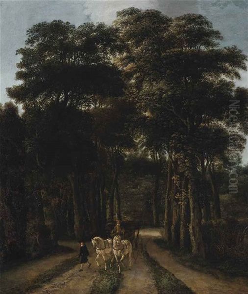 A Wooded Landscape With A Horse-drawn Carriage On A Track Oil Painting by Pieter Jansz van Asch