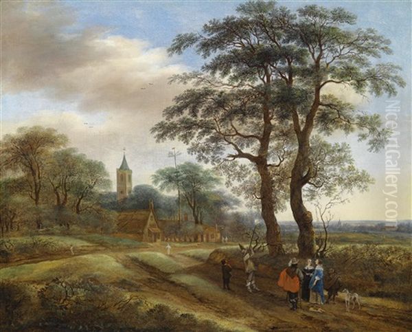 Eine Weite Landschaft Mit Einer Jagdgesellschaft, Im Hintergrund Ein Kirchturm Oil Painting by Pieter Jansz van Asch