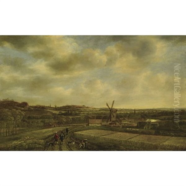 An Extensive Dune Landscape With A Windmill Near A Small Village, Figures Conversing On A Path Near Cornfields Oil Painting by Pieter Jansz van Asch