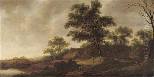 A Wooded River Landscape With Figures On A Track, A Hamlet Nearby Oil Painting by Pieter Jansz van Asch