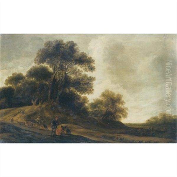 A Dune Landscape With Travellers Resting Beside A Road, A Shepherd Driving His Flock Towards A Wood Beyond Oil Painting by Pieter Jansz van Asch