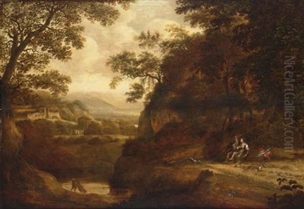 An Italianate Wooded Landscape With A Lady And A Sportsman Resting Under A Tree, A View Of A Temple And A Ruin Beyond Oil Painting by Pieter Jansz van Asch