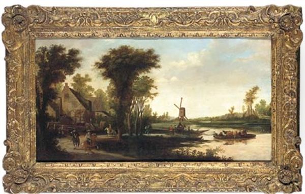 A River Landscape With Cattle And Drovers Being Ferried Across A River, A Windmill Beyond Oil Painting by Pieter Jansz van Asch