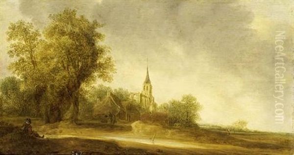 A Dune Landscape With Travellers And A Figure Resting, A Small Village And A Church Ruin Beyond Oil Painting by Pieter Jansz van Asch