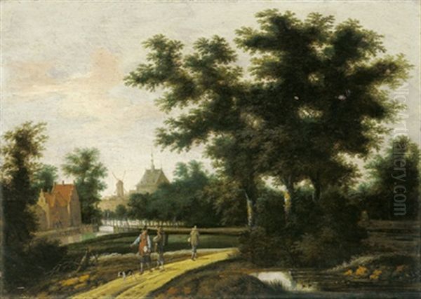 Bewaldete Flusslandschaft Mit Reisenden, Im Hintergrund Eine Stadt Oil Painting by Pieter Jansz van Asch