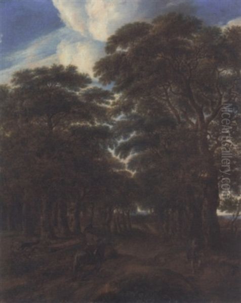 A Wooded Landscape With A Horseman On A Sandy Road And A Fisherman By A Pond In The Foreground Oil Painting by Pieter Jansz van Asch