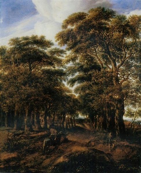 A Wooded Landscape With A Horseman On A Sandy Road And A Fisherman By A Pond In The Foreground Oil Painting by Pieter Jansz van Asch