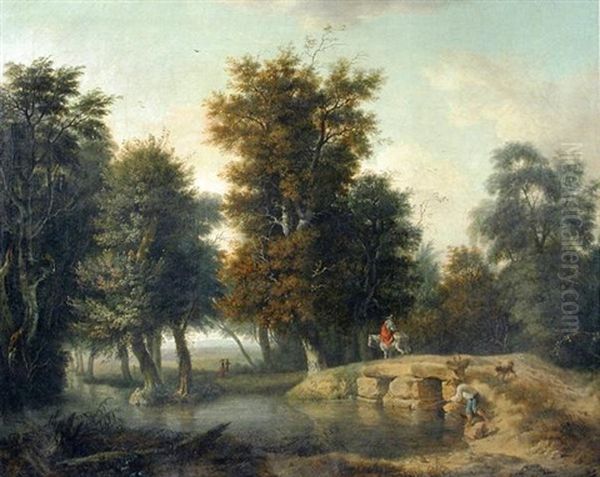 A Pastoral Landscape With A Traveller On A Grey Horse, And A Fisherman With His Hound In The Foreground Oil Painting by Pieter Jansz van Asch