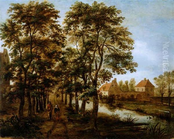 Allee Neben Einem Wasserarm Und Zwei Reisenden Oil Painting by Pieter Jansz van Asch