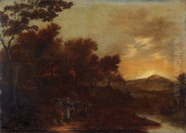 Figures On A Path In A River Landscape Oil Painting by Pieter Jansz van Asch