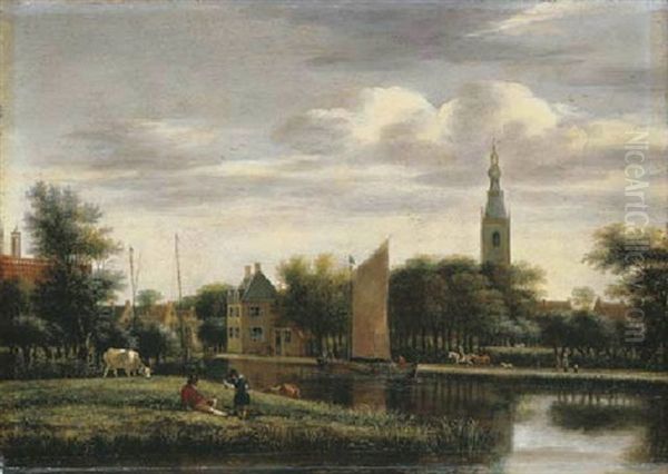 A Landscape With Figures Conversing On A Canal Bank In Overschie Oil Painting by Pieter Jansz van Asch