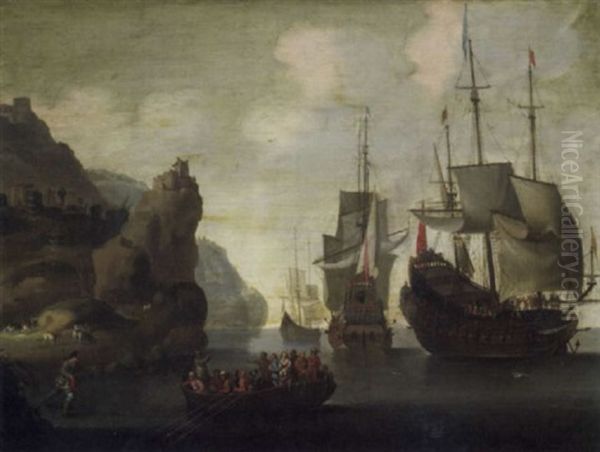 Galleons Offshore With A Fantastic Landscape And Figures On A Boat In The Foreground Oil Painting by Pieter Jansz van Asch