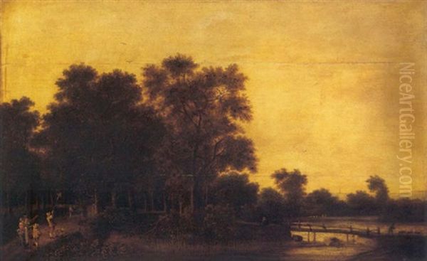 A Wooded River Landscape With Figures On A Path And A Goatherd By A Wooden Bridge Oil Painting by Pieter Jansz van Asch