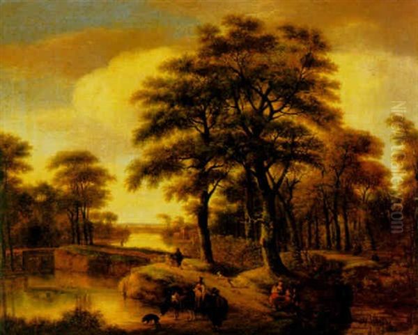 An Evening Landscape With A Family And Other Travellers Walking On A Country Path Beside A River, A Cottage Beyond by Pieter Jansz van Asch