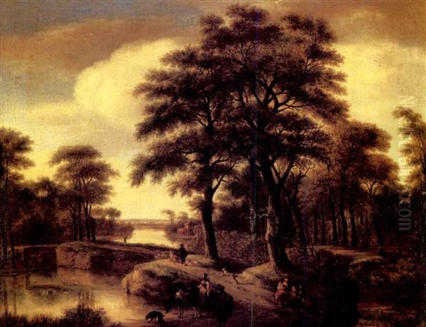 An Evening Landscape With A Family And Other Travellers Walking On A Counrty Path Beside A River, A Cottage Beyond Oil Painting by Pieter Jansz van Asch