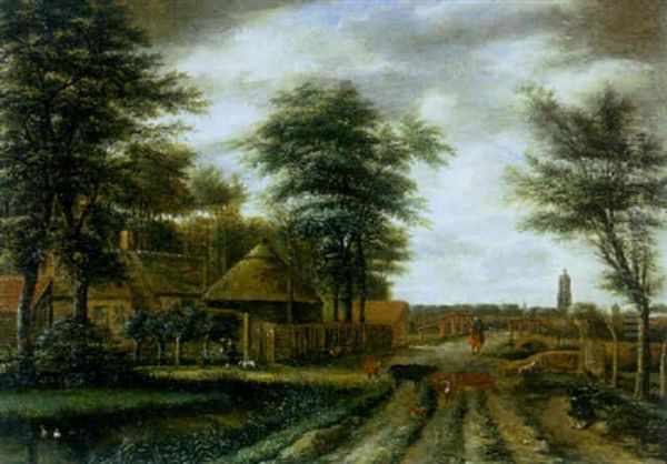 A Country Lane With A Farm And Figures And Cattle In The Foreground Oil Painting by Pieter Jansz van Asch