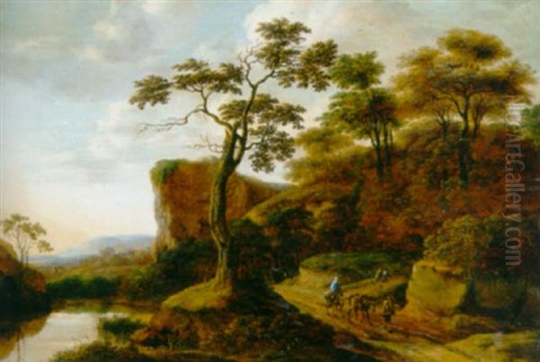 A Rocky Wooded River Landscape With Travellers And Mules On A Track Oil Painting by Pieter Jansz van Asch