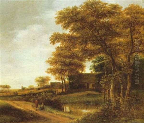 A Wooded Landscape With Travellers Resting On A Path Beside A Pond, With A Cottage And A Windmill Beyond Oil Painting by Pieter Jansz van Asch