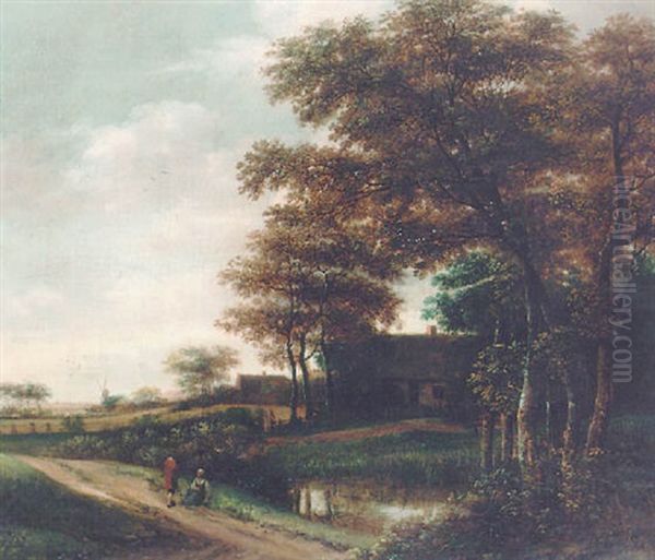 Figures On A Track By A Stream Wtih Cottages Beyond Oil Painting by Pieter Jansz van Asch